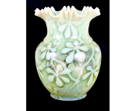 An Art Nouveau vaseline glass oil lamp shade, 9 1/2" high (no chips or cracks), together with a set of three Edwardian cut gl