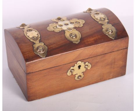 A Victorian dome top two-compartment tea caddy with decorative brass mounts
