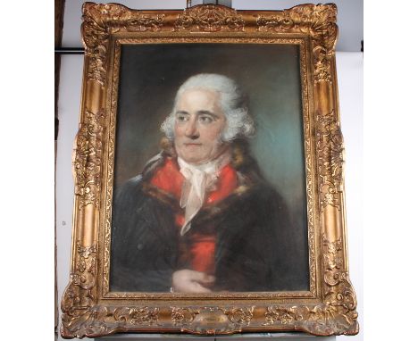 John Russell RA: a pastel portrait of a 19th Century white haired gentleman wearing a black fur trimmed coat, circa 1790, 23"