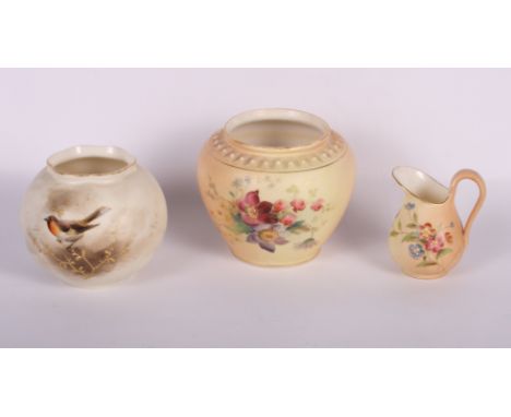 Two Royal Worcester globular vases, one decorated flowers, the other a robin, and a Royal Worcester blush ivory miniature jug