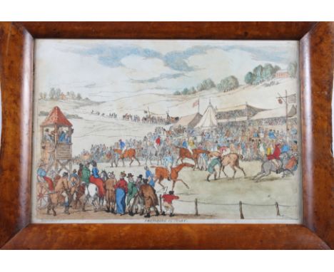 Rowlandson: hand-coloured print, "Preparing to Start", 9 1/2" x 14", in maple frame