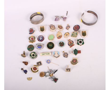 A collection of gilt metal and enamel decorated bowling club lapel badges