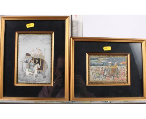 Two Mughal watercolours, figures, elephants and horses, in gilt frames, and a folio of similar coloured prints, "Deogarh Pain