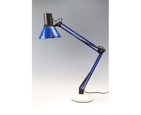 An Anglepoise style desk lamp in blue and white