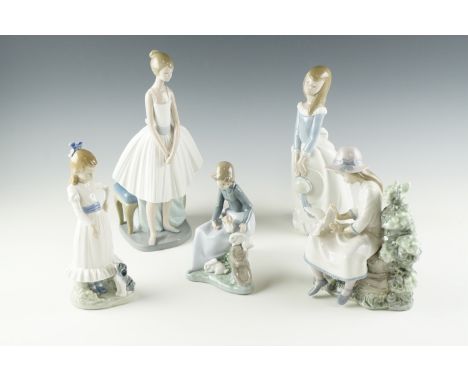 Five Nao figurines, including a ballerina, a young girl with rabbits, etc, tallest 32 cm, (one a/f, bird detached from seat)