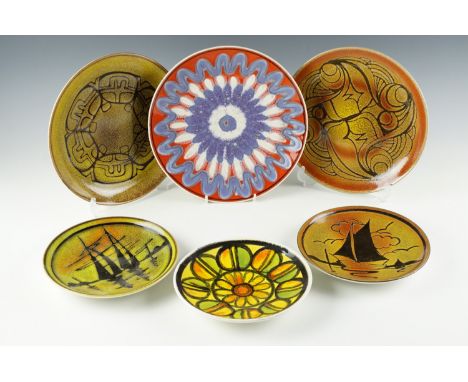 Six 1960s Poole Delphis / Aegean circular plates / dishes, largest 27 cm