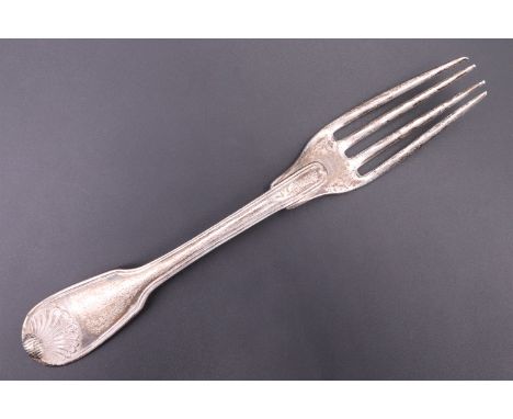 A 19th Century fiddle and thread white metal fork, having a shell terminal and engraved crest, indistinct assay marks, (teste