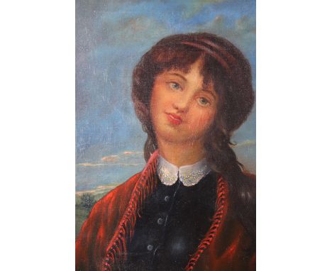 A naive, romantic portrait of a young woman wearing a red tasseled shawl, oil on canvas, late 19th, early 20th Century, in gi
