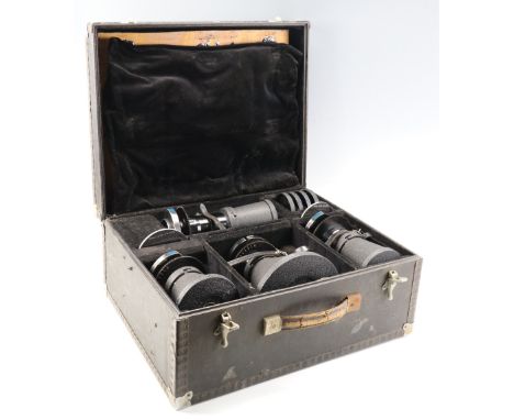 A cased set of Taylor and Hobson camera lenses, comprising an Ortal 2 inch 50 mm f/2 T2.3 TV Lens, an Ortal 3 inch 75 mm f/2 