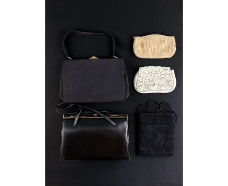 A group of vintage bags, comprising a leather Ackery of London handbag, a Waldybag handbag and three beadwork evening bags
