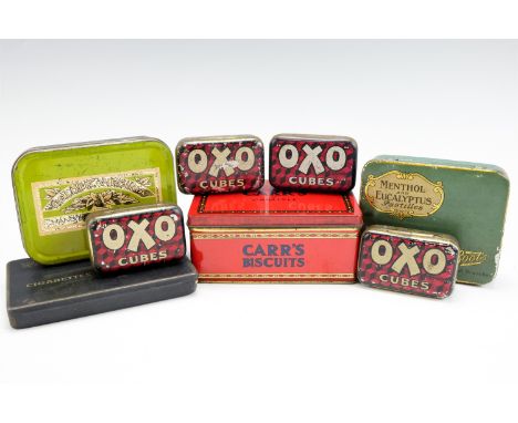 Eight vintage tins including Carr's of Carlisle, Carr's tin 12.5 x 8 x 5.5 cm