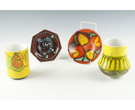 Two 1960s Poole Delphis vases and two dishes, tallest 15 cm