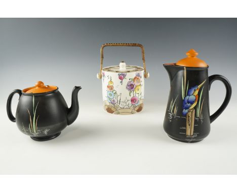 A Shelley Kingfisher pattern teapot, (a/f) and coffee pot, together with a Lossol Ware biscuit barrel