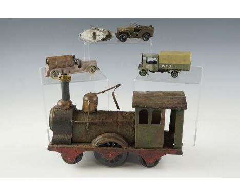 A Minic Toys clockwork tinplate toy Jeep, an early 20th Century US diecast toy military wagon, a Corgi Great War British army