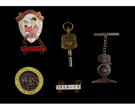 [ Workington ] A Workington AFC Supports' Club enamel badge, a 1964 United Steel Companies enamelled silver lapel badge, A Wo