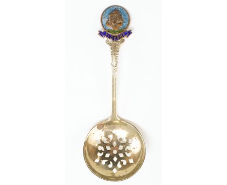 A vintage enamel and nickel silver HMS Victory souvenir sifter / caster spoon, 11 cm