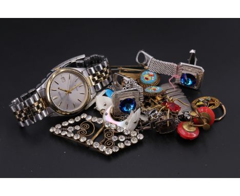 A small quantity of vintage and later costume jewellery including a Citizen quartz wristwatch and a miniature enamelled foldi