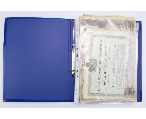 An album containing a collection of share certificates, bonds, etc, including Erie Railroad Company, The New York Central Rai
