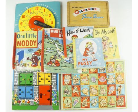 Vintage children's toys, including a Kiddicraft "Jigsaw Clock", a "Victory Alphabet Play Tray", Dean's Rag Books, Goldilocks 