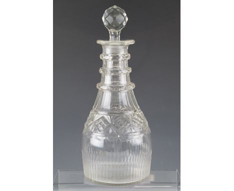 A Regency facet-cut triple-ring glass decanter (with associated stopper), 27 cm