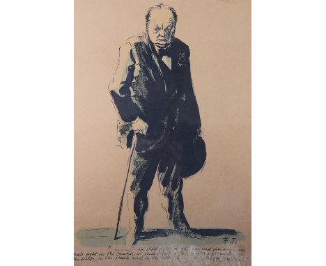 After Feliks Topolski (Polish, 1907 - 1989) A full length portrait of Winston Churchill holding a hat and leaning on his cane