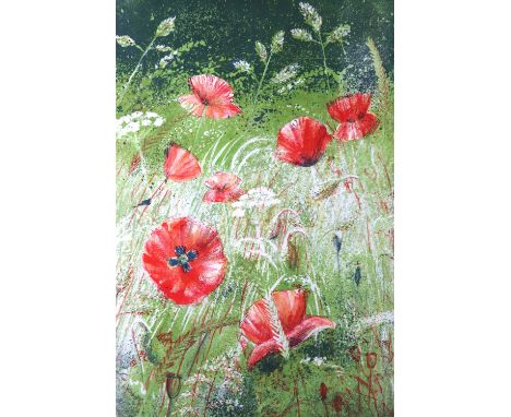 Joy Brand (20th Century) "Poppies in a field", a vibrant, energetic depiction of poppies in the summertime, print, signed, ti