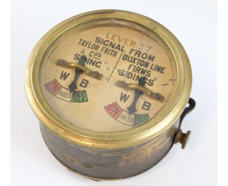 [ Railwayania ] A vintage railway brass signal box lever indicator, drum form brass case, the dial marked 'lever 37', 'Taylor