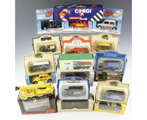 A large group of boxed diecast cars and other vehicles, including a Corgi "Volvo Car Transporter", a Corgi "BP AEC 508 5 ton 