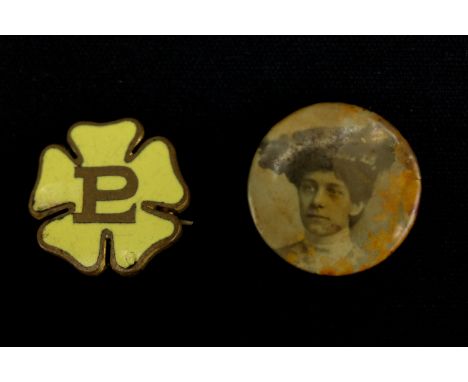 An early 20th Century celluloid lapel button bearing a monochrome image of a lady, possibly Emily Davison, together with an e