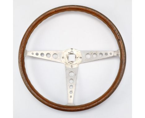 [ Classic car ] A vintage aluminium and wood three spoke steering wheel, 38 cm 