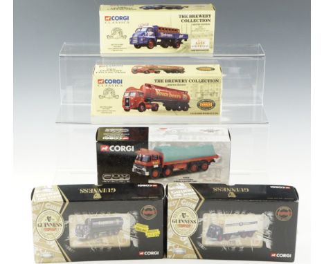 Five Corgi Classics diecast wagons including Guinness, Wynns, etc