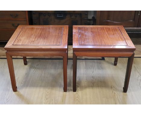 A pair of contemporary Chinese hardwood lamp / drinks tables, 56 cm x 56 cm x 51 cm