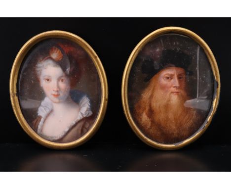 A pair of Grand Tour portrait miniatures, one of Leonardo da Vinci, the other of a woman with a red feathered hat, watercolou