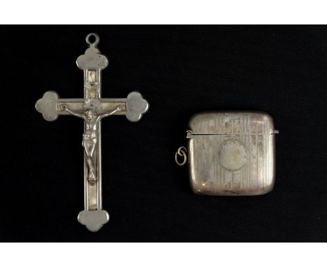 A vintage chrome plated crucifix pendant and an electroplated vesta case, former 11.5 cm high