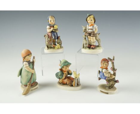 Five Hummel figurines including Little Sweeper, Little Goat Herder, etc