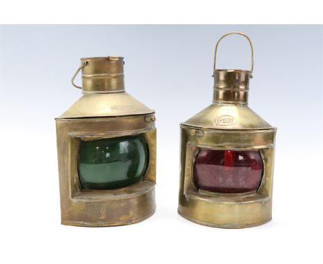 Two vintage brass ships' navigation oil lamps, marked "Starboard" and "Port", tallest 25.5 cm excluding handle 