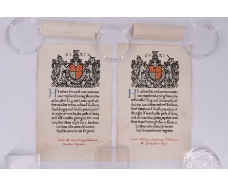 Great War casualty memorial scrolls and Buckingham Palace condolence letters pertaining to 2nd Lt Bernard Jocelyn Wilkinson, 
