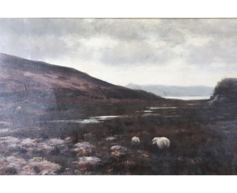 Hugh de Twenebrokes Glazebrook (1855 - 1931) "Coniston Lake (between the hills)", an atmospheric, moody lakescape with sheep 
