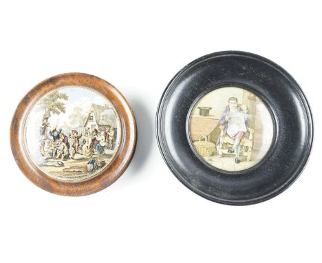 Two Victorian framed Prattware pot lids comprising The Village Wedding, and The Times, former 10.5 cm diameter