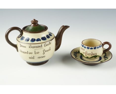 A Barnard Castle teapot together with cup and saucer