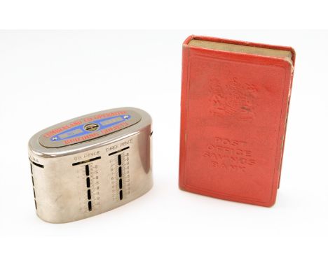 A vintage Cumberland Co-Operative Building Society savings bank and a Post Office Savings bank, lacking keys