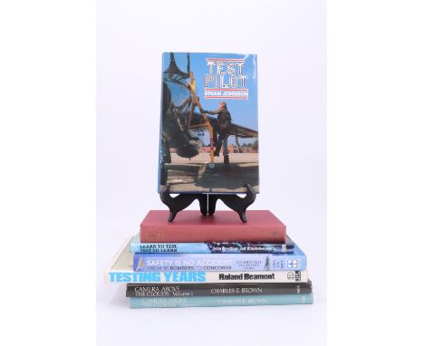 [ RAF / test pilot ] A group of books on aircraft flight testing, together with Brown, "Camera Above the Clouds", two volumes