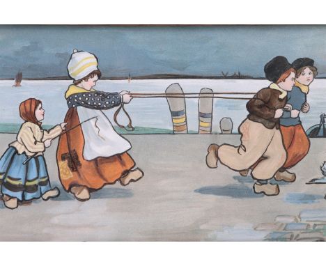 Ethel Parkinson (Dutch, 1868 - 1957) A jolly depiction of Dutch children playing beside the estuary, print, inscribed with ar