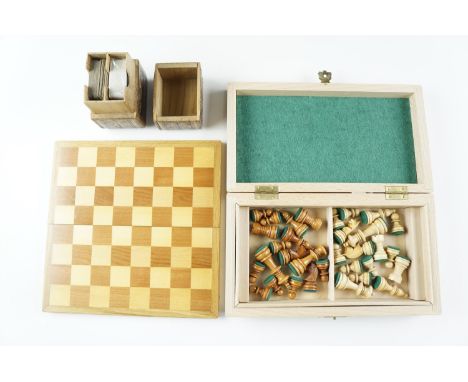 A contemporary wooden cased travel chess set, having turned wood pieces, together with a Victorian Tunbridge / Sorrento ware 
