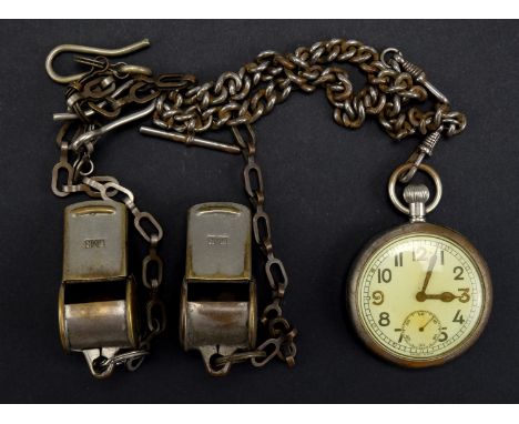 Two vintage LMS railway guards' whistles and chains, together with a pocket watch and double watch chain