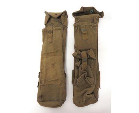 Pair Of Lanchester SMG Poucheslong, rectangular, khaki webbing pouches.  Top flaps secured by strap and press stud.  The fron