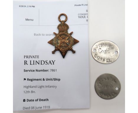 1914 Mons Star Casualty Medal HLIÂ Aug-Nov 1914 Mons Star named "7861 Pte R Lindsay 2/High L.I.".Â Commonwealth War Graves in