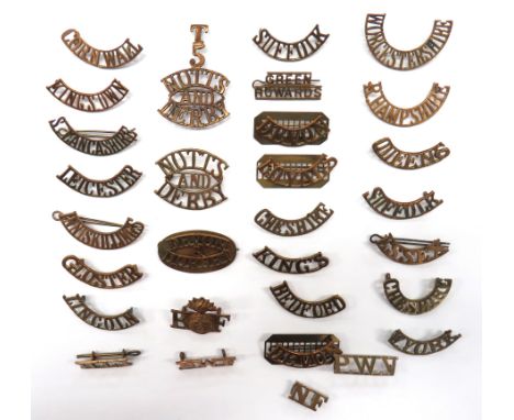 30 x Brass Infantry Shoulder Titlesbrass titles include T5 Notts And Derby ... S Lancashire ... Gloster ... R Hampshire ... W