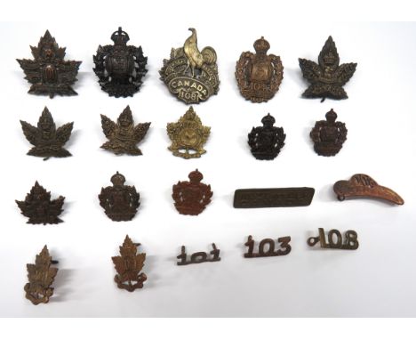 20 x Canadian WW1 Overseas Battalion Cap, Collar And Titlescap include darkened KC 101 Winnipeg Light Infantry ... Darkened K