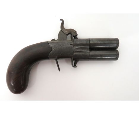 Mid 19th Century Percussion Double Turn Barrel Pocket Pistol54 bore, 2 1/4 inch, over and under, rifled turn off barrels.  Th